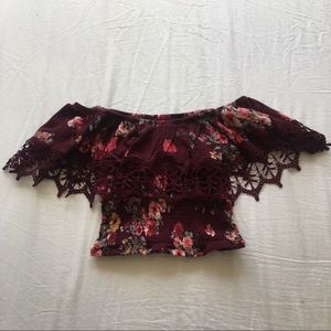 Over the shoulders burgundy floral top size small